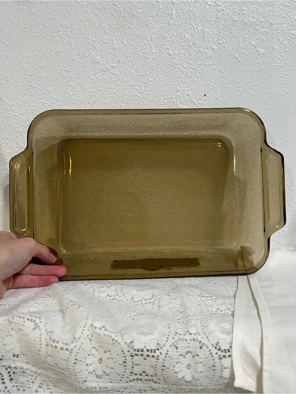 Vintage Anchor Hocking Ovenware Amber Glass Baking Dish: Apple Jack Plaid Patter